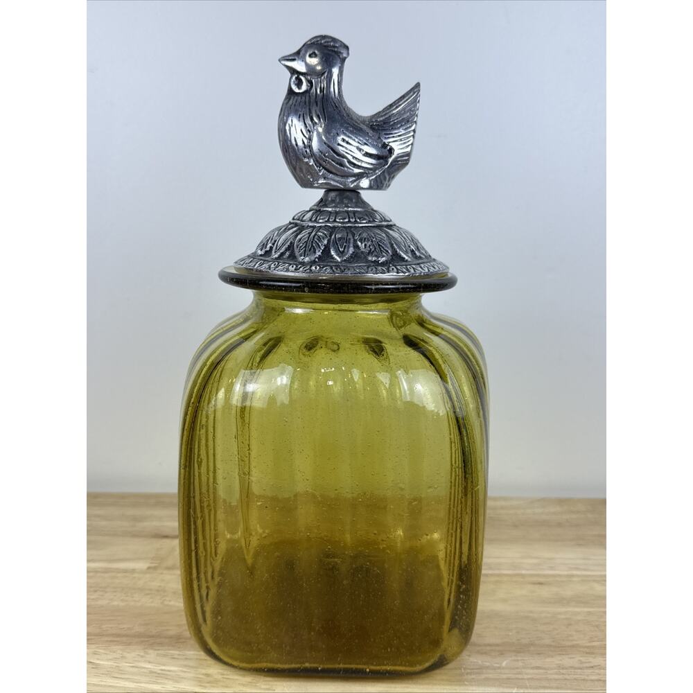 Vintage Amber Golden Yellow Glass Ribbed Canister With Pewter Rooster Top 12”